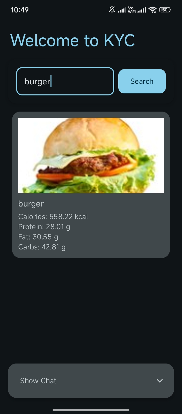 KYC - Know Your Calories app interface showing food tracking