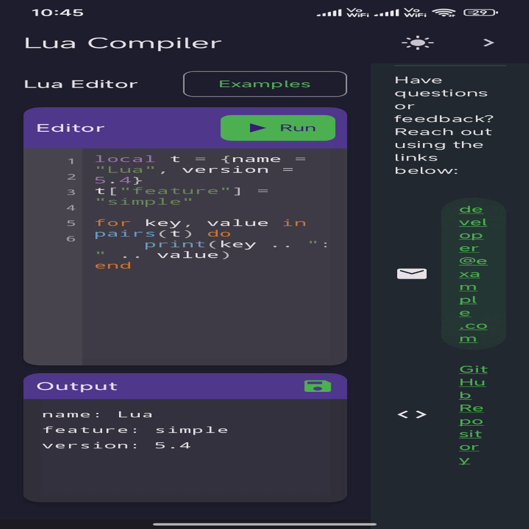 LuaC app interface showing code editor and output console
