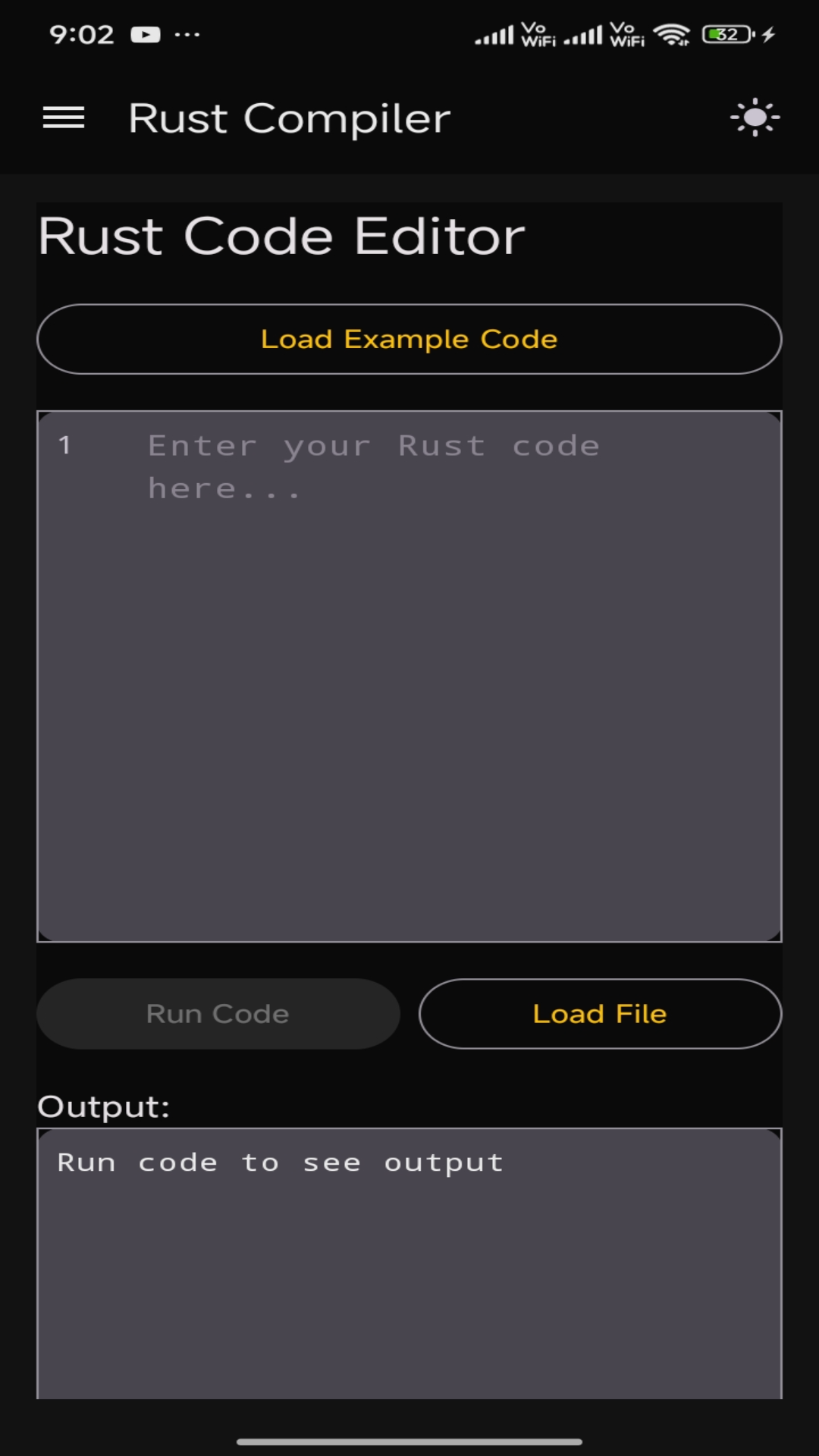 RustC app interface showing Rust code editor and compiler output