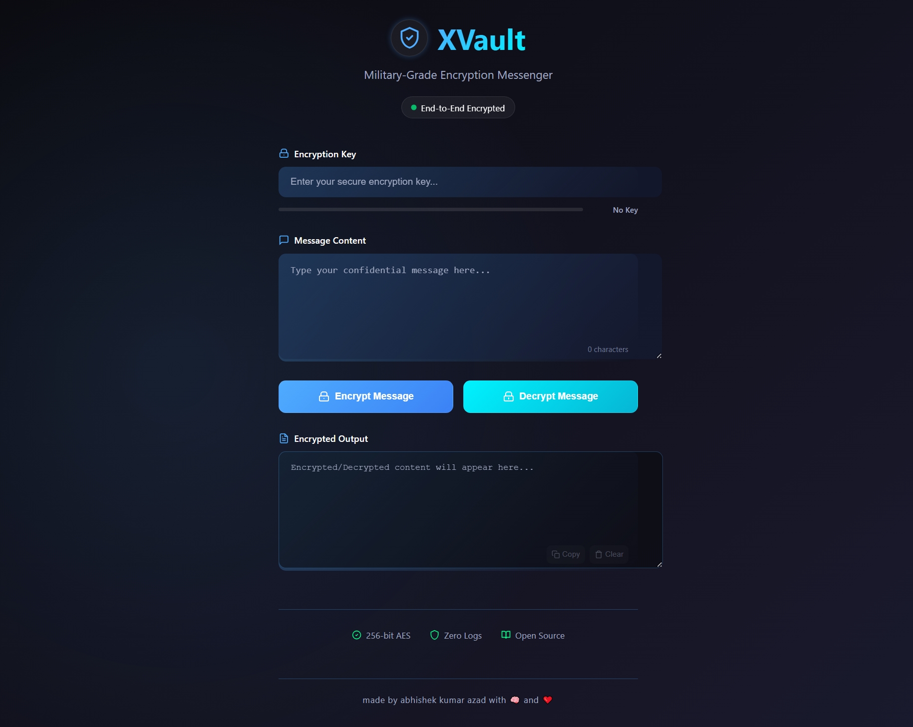 XXVault app interface showing encrypted message and social media icons